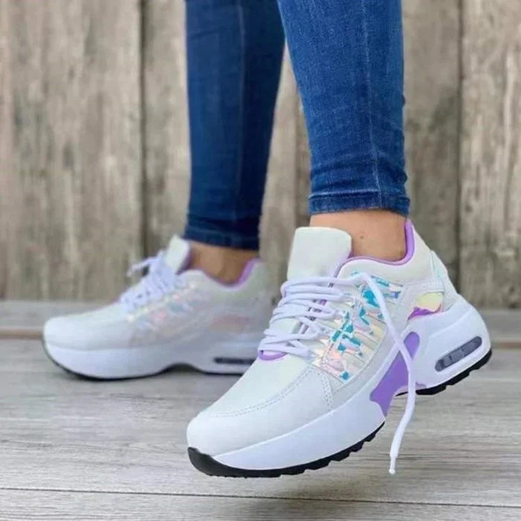 Women's Rounded Toe Sneakers with Lace Up and Mesh Overlays