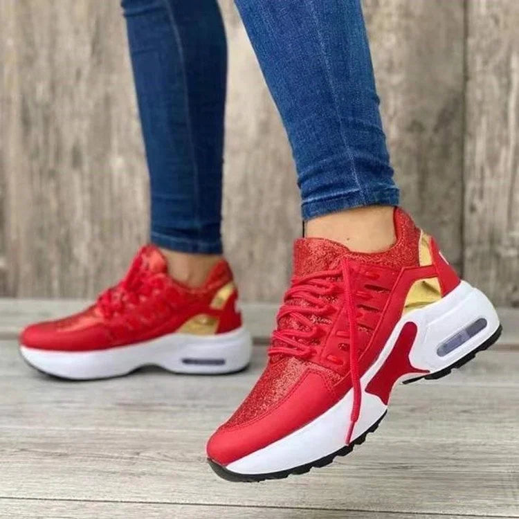 Women's Rounded Toe Sneakers with Lace Up and Mesh Overlays