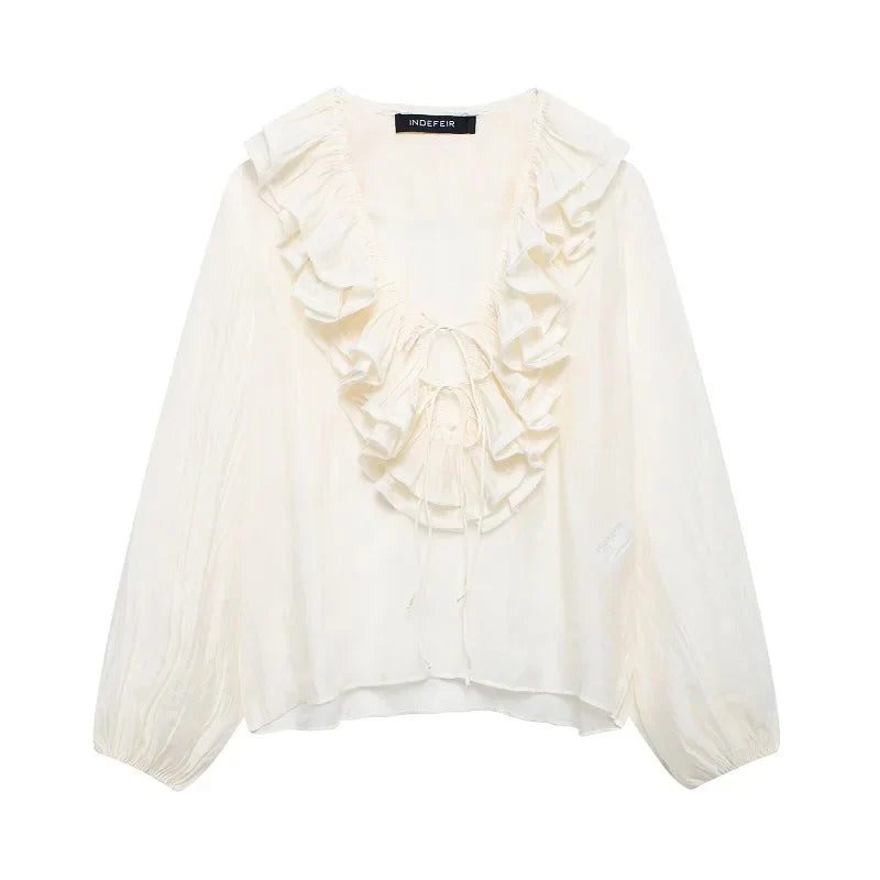 Women's Ruffled Blouse with Deep V-Neck and Long Balloon Sleeves