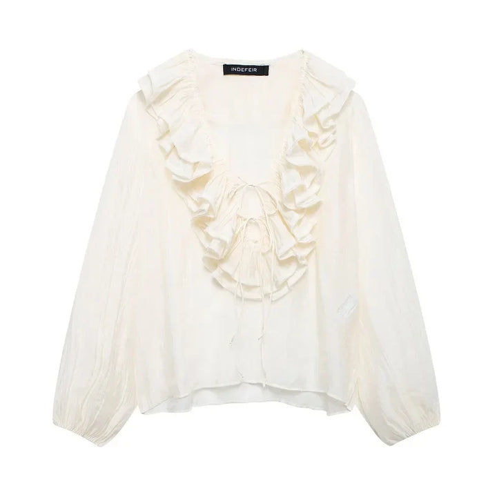 Women's Ruffled Blouse with Deep V-Neck and Long Balloon Sleeves
