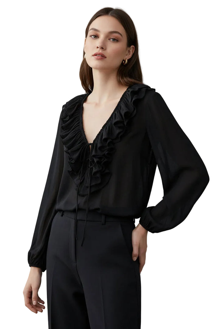 Women's Ruffled Blouse with Deep V-Neck and Long Balloon Sleeves