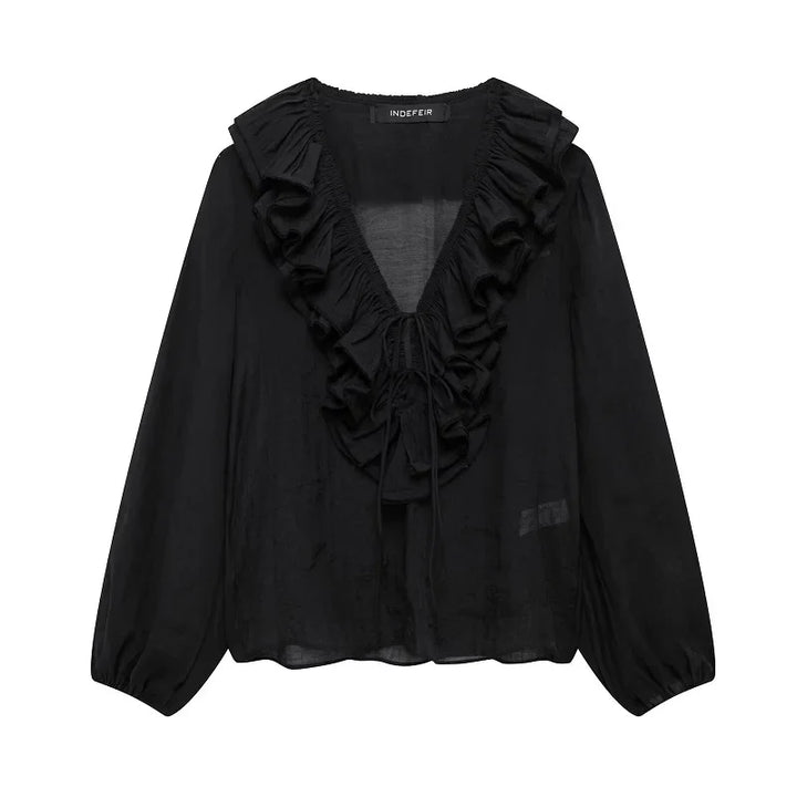 Women's Ruffled Blouse with Deep V-Neck and Long Balloon Sleeves