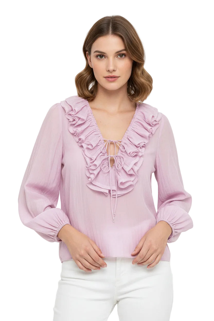Women's Ruffled Blouse with Deep V-Neck and Long Balloon Sleeves