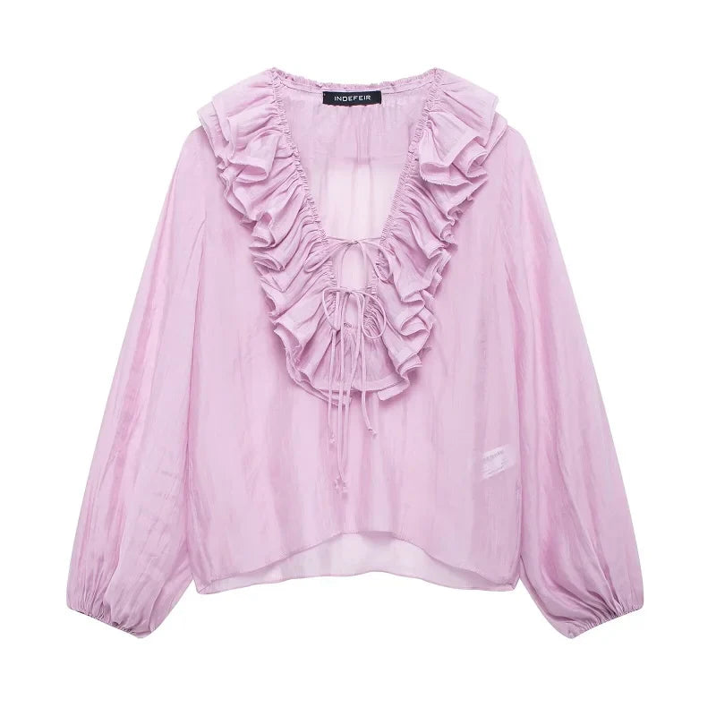 Women's Ruffled Blouse with Deep V-Neck and Long Balloon Sleeves