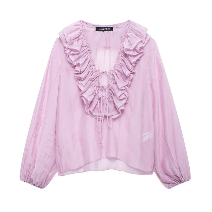 Women's Ruffled Blouse with Deep V-Neck and Long Balloon Sleeves