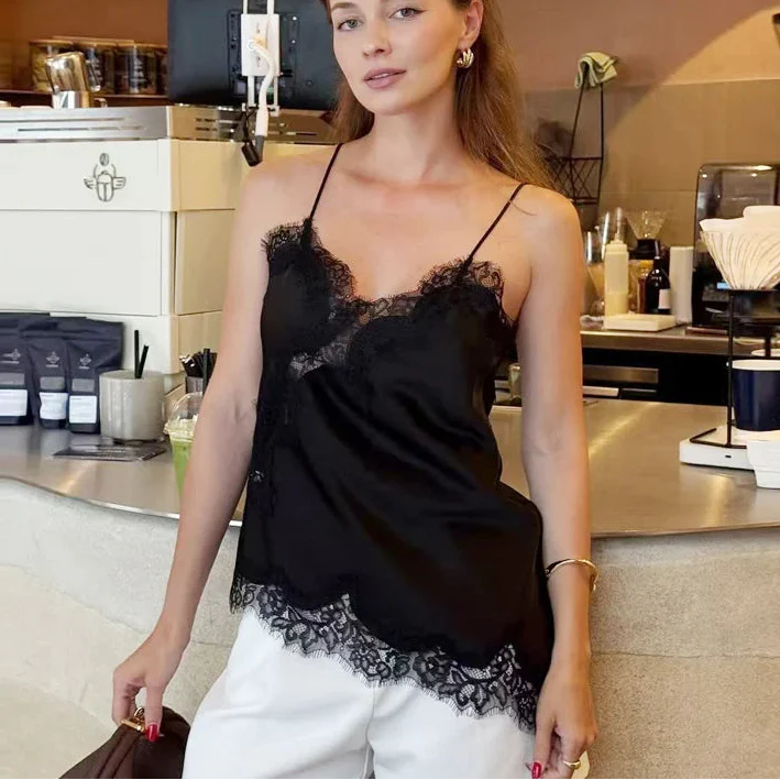 Women’s Scalloped Top with Thin Straps and Floral Hem