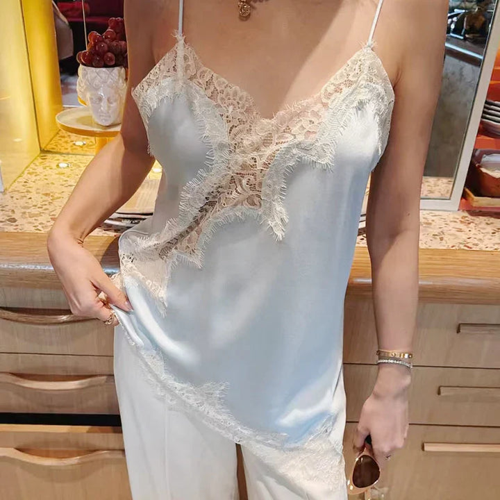 Women’s Scalloped Top with Thin Straps and Floral Hem