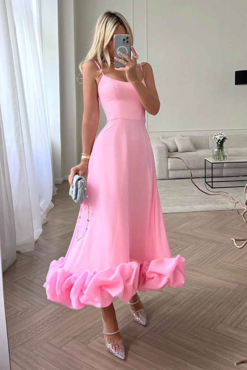 Women’s Scoop Neck Midi Dress with Spaghetti Straps and Ruffle Hem