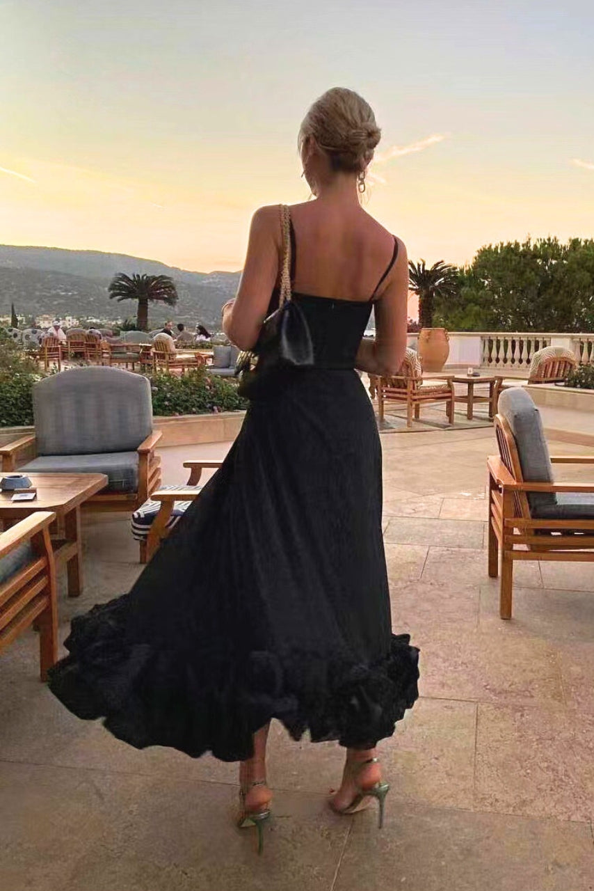 Women’s Scoop Neck Midi Dress with Spaghetti Straps and Ruffle Hem