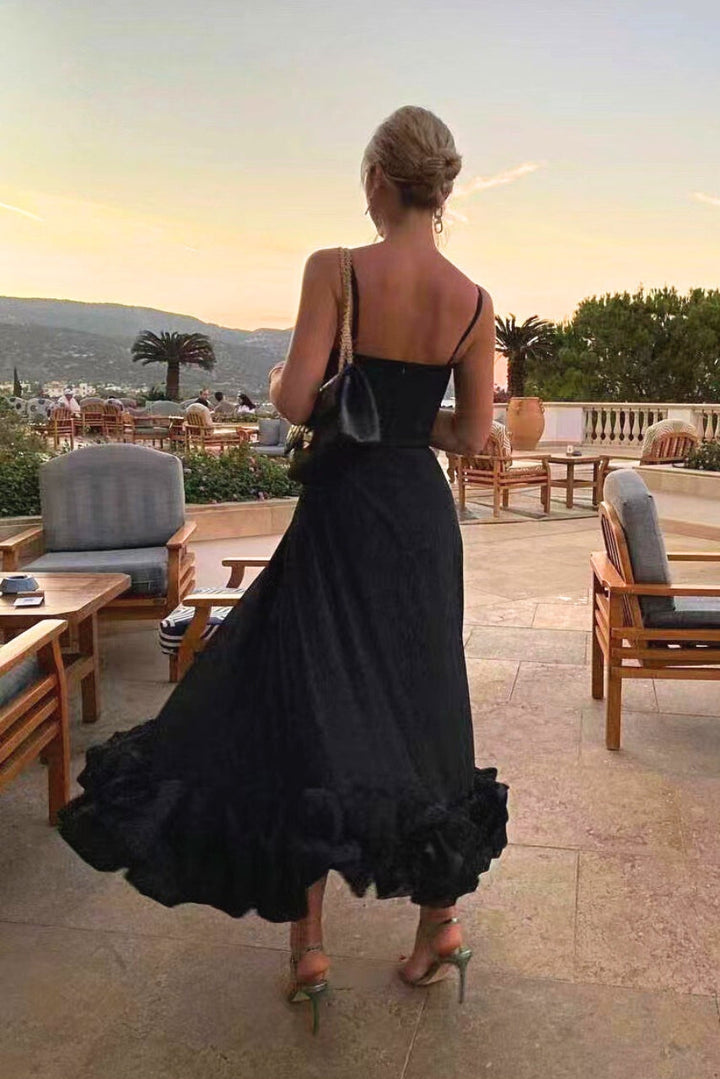 Women’s Scoop Neck Midi Dress with Spaghetti Straps and Ruffle Hem