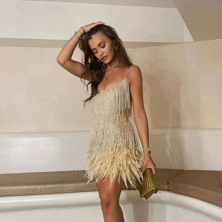 Women’s Sequin Fringe Mini Dress with Feather Hem and Spaghetti Straps