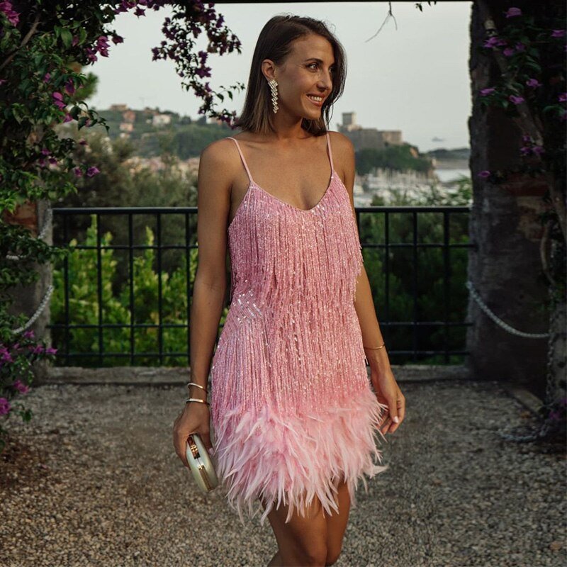 Women’s Sequin Fringe Mini Dress with Feather Hem and Spaghetti Straps