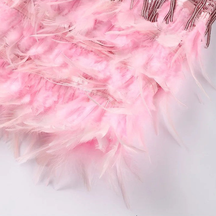 Women’s Sequin Fringe Mini Dress with Feather Hem and Spaghetti Straps