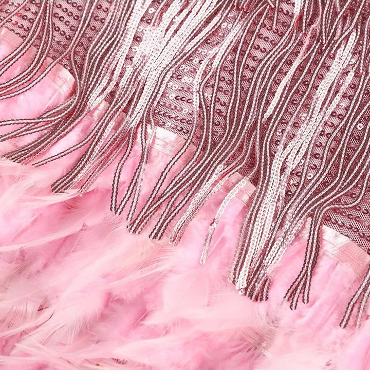 Women’s Sequin Fringe Mini Dress with Feather Hem and Spaghetti Straps