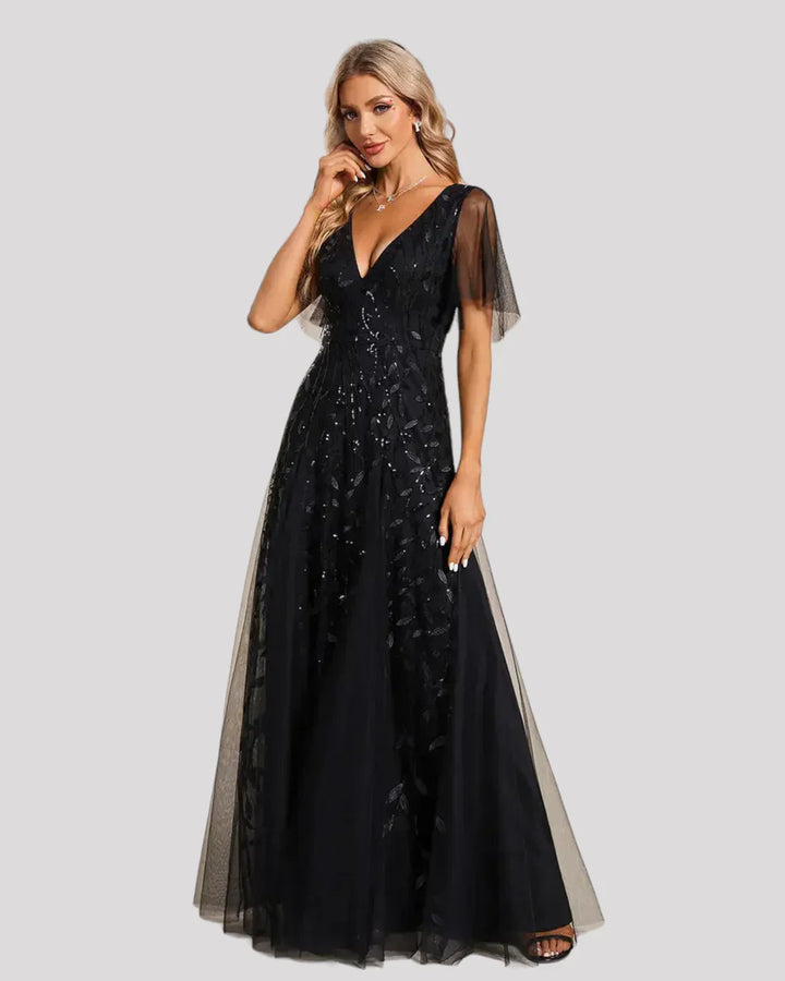Women's Sequin Wedding Guest Dress with V-Neck and Flutter Sleeves