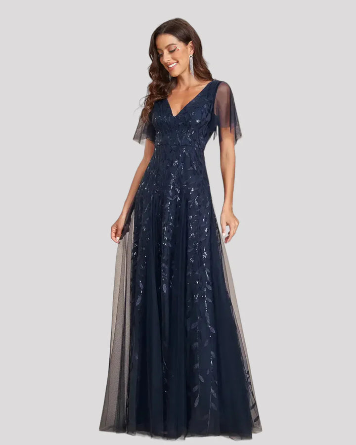 Women's Sequin Wedding Guest Dress with V-Neck and Flutter Sleeves