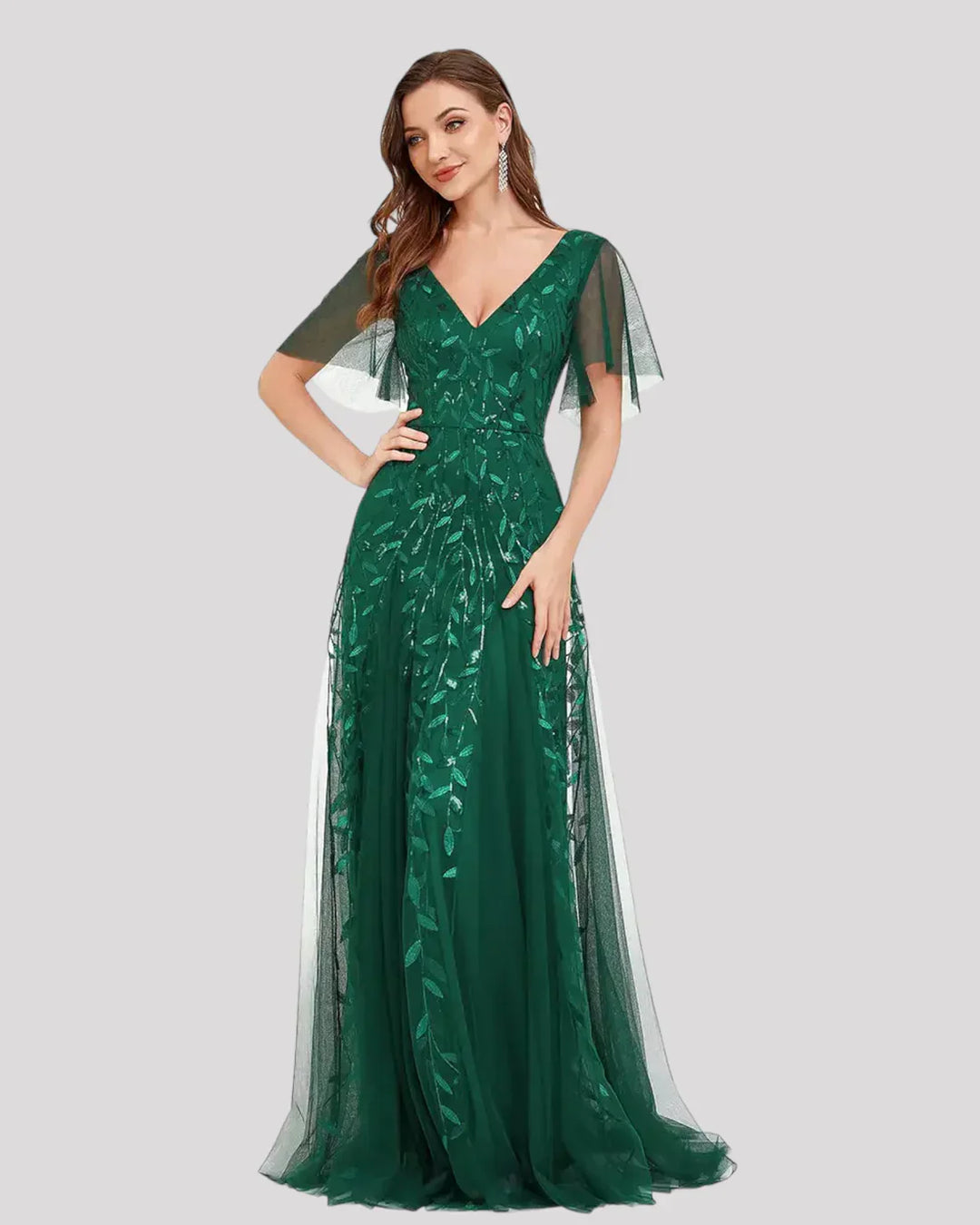 Women's Sequin Wedding Guest Dress with V-Neck and Flutter Sleeves