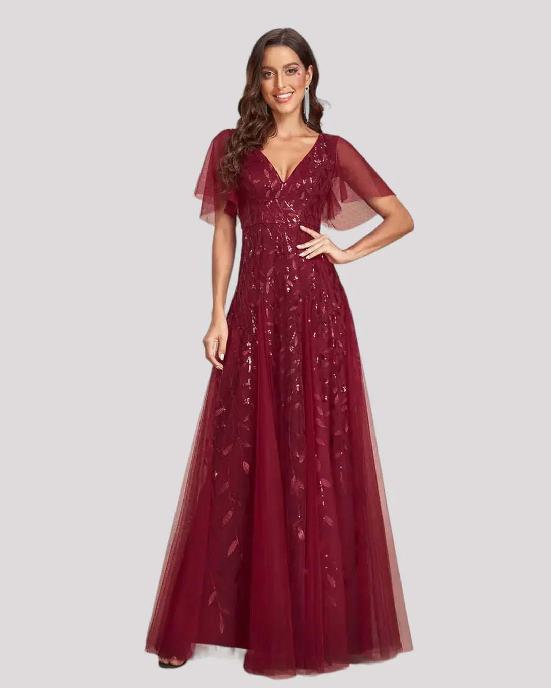 Women's Sequin Wedding Guest Dress with V-Neck and Flutter Sleeves