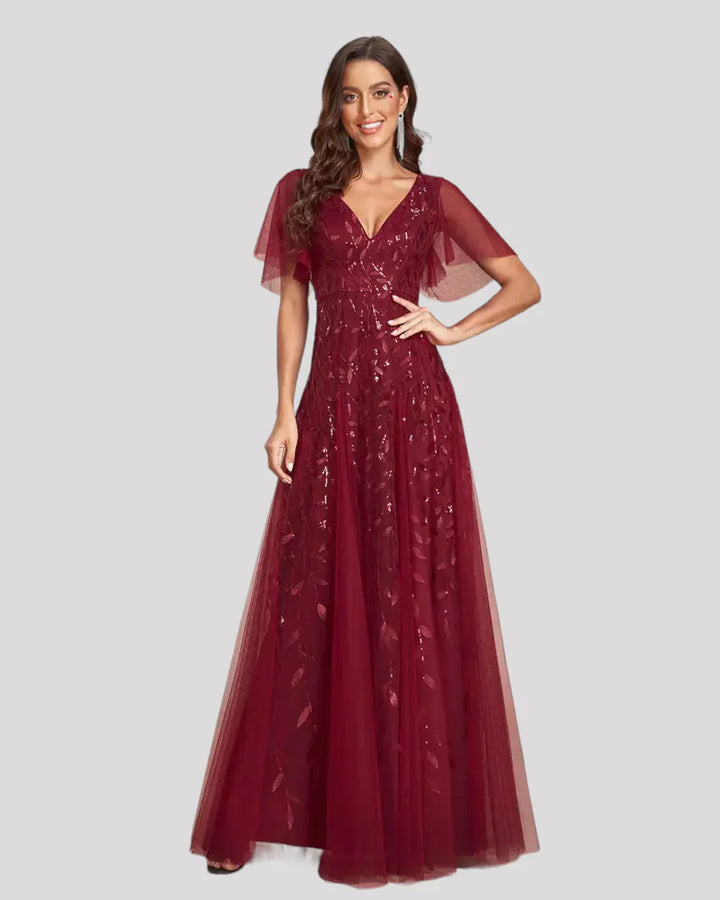 Women's Sequin Wedding Guest Dress with V-Neck and Flutter Sleeves