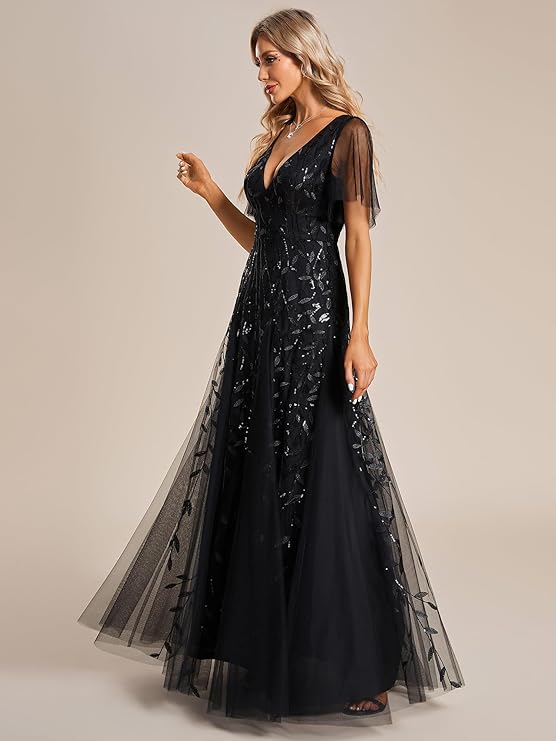 Women's Sequin Wedding Guest Dress with V-Neck and Flutter Sleeves