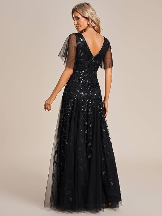 Women's Sequin Wedding Guest Dress with V-Neck and Flutter Sleeves
