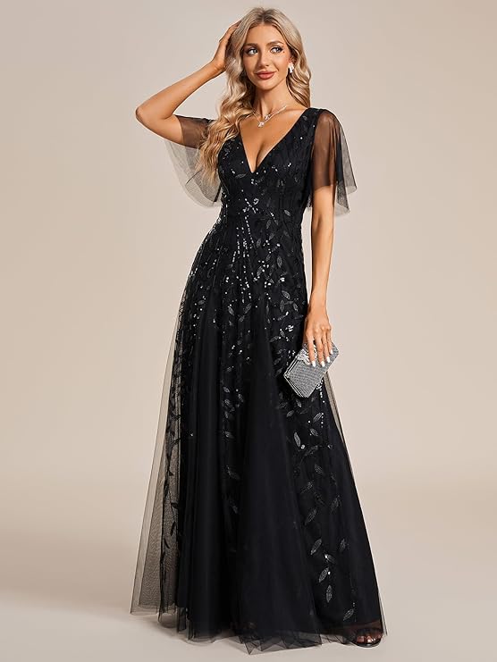 Women's Sequin Wedding Guest Dress with V-Neck and Flutter Sleeves