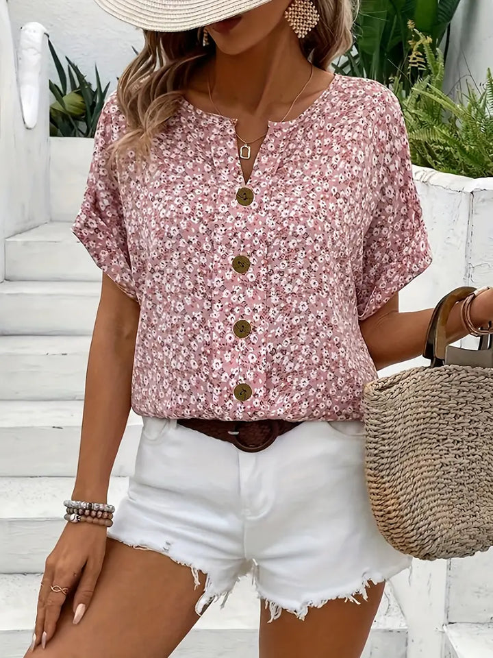 Women's Short Sleeve Floral Blouse with Button Front and Split V Neckline