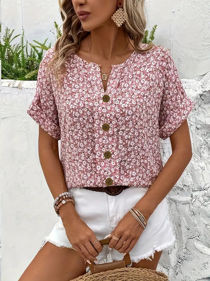 Women's Short Sleeve Floral Blouse with Button Front and Split V Neckline