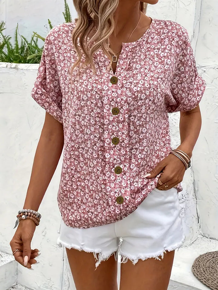 Women's Short Sleeve Floral Blouse with Button Front and Split V Neckline