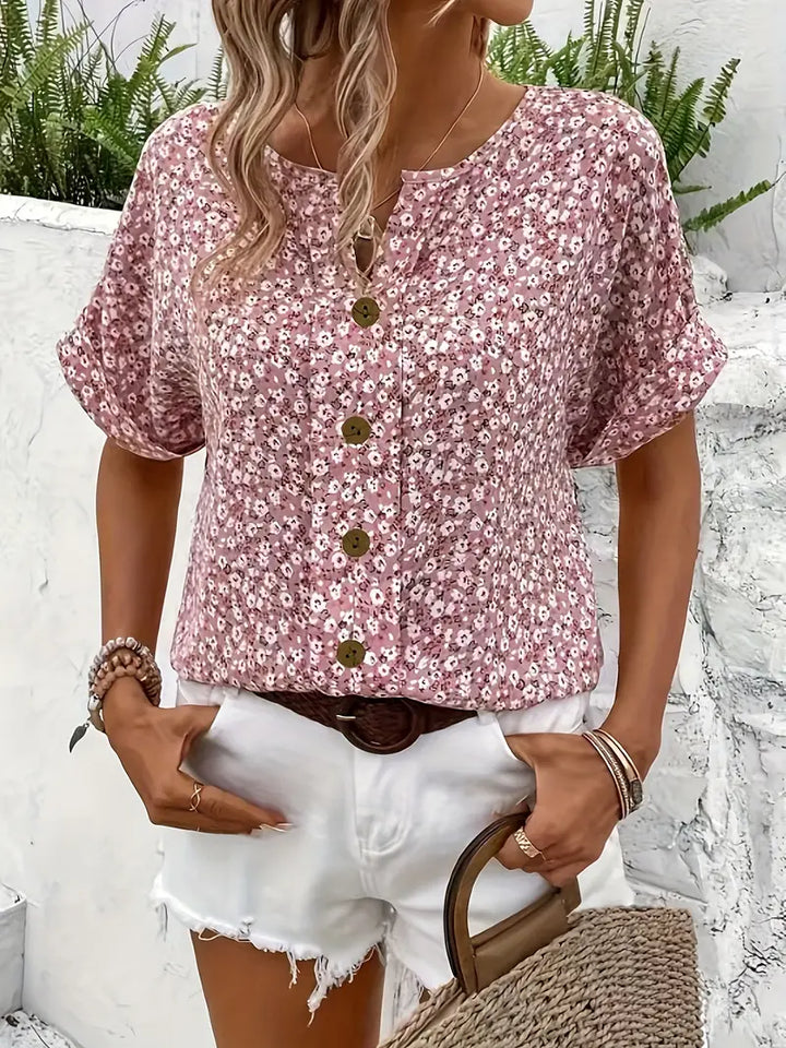Women's Short Sleeve Floral Blouse with Button Front and Split V Neckline