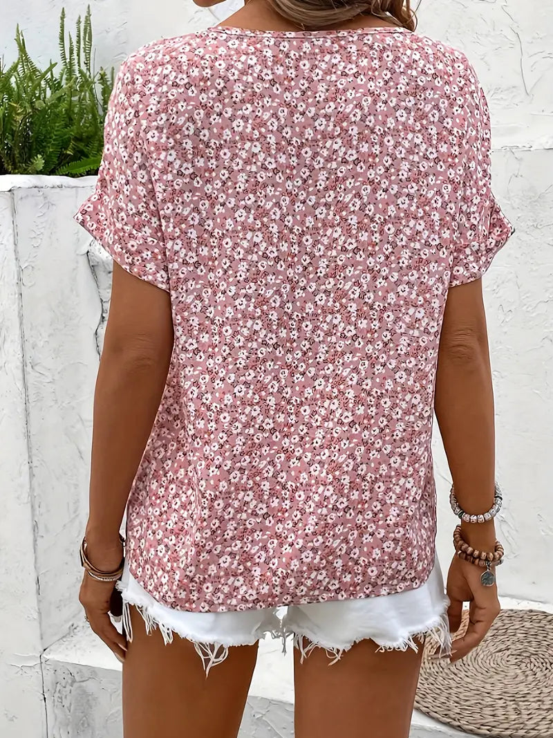 Women's Short Sleeve Floral Blouse with Button Front and Split V Neckline