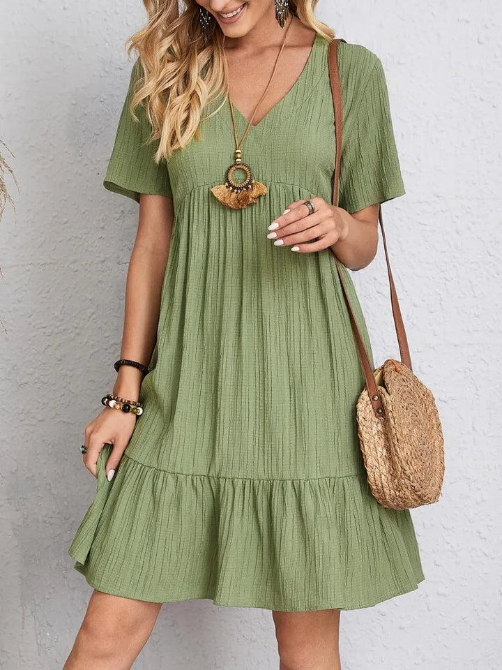 Women's Short Sleeve Mini Dress with V-Neckline and Tiered Ruffle Hem