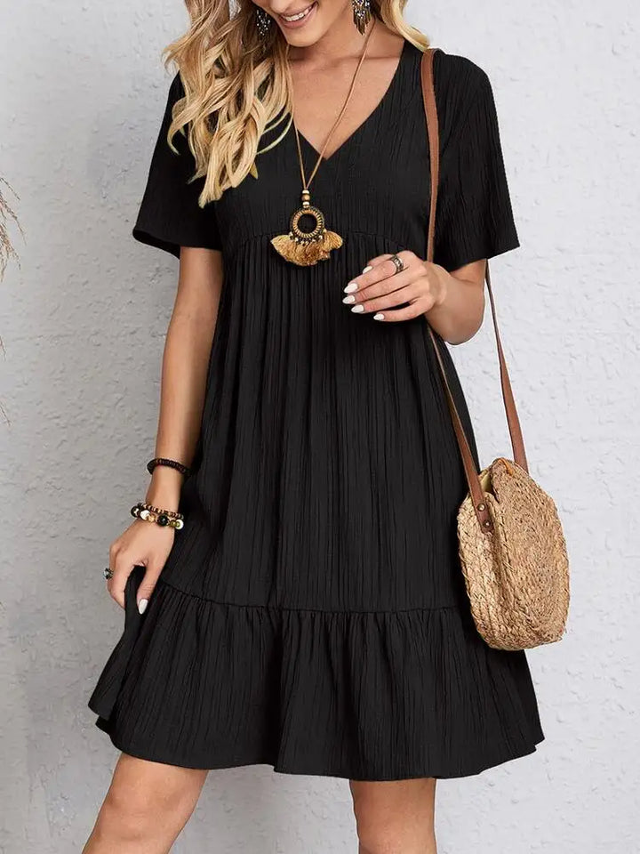 Women's Short Sleeve Mini Dress with V-Neckline and Tiered Ruffle Hem
