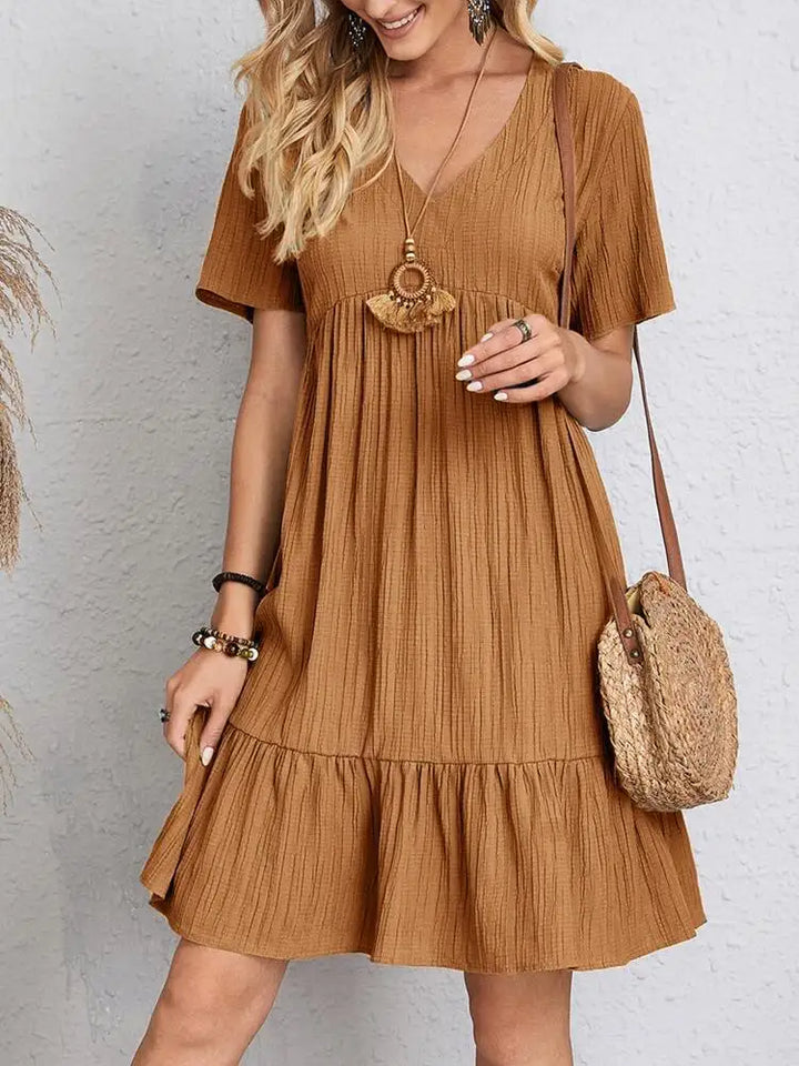 Women's Short Sleeve Mini Dress with V-Neckline and Tiered Ruffle Hem