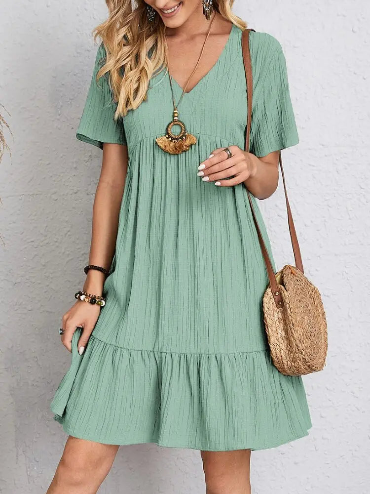 Women's Short Sleeve Mini Dress with V-Neckline and Tiered Ruffle Hem
