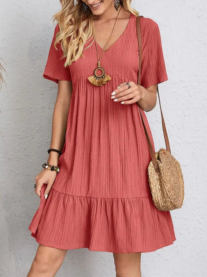 Women's Short Sleeve Mini Dress with V-Neckline and Tiered Ruffle Hem