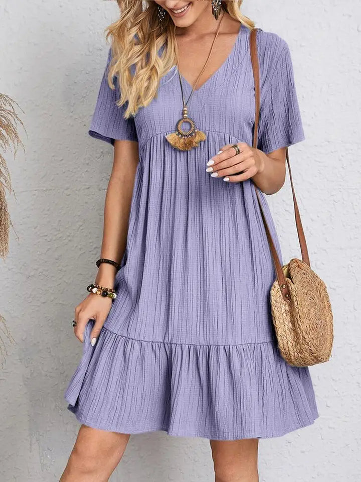 Women's Short Sleeve Mini Dress with V-Neckline and Tiered Ruffle Hem