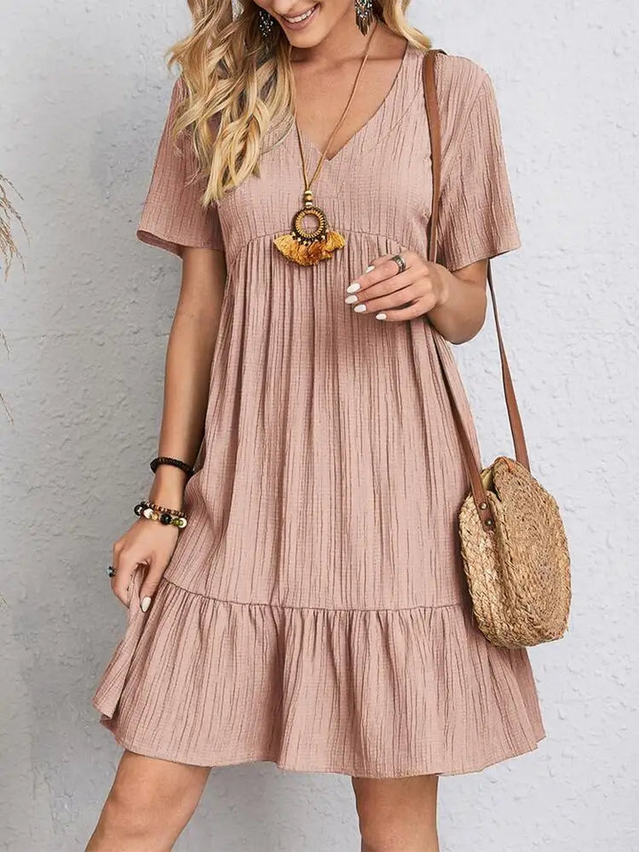 Women's Short Sleeve Mini Dress with V-Neckline and Tiered Ruffle Hem