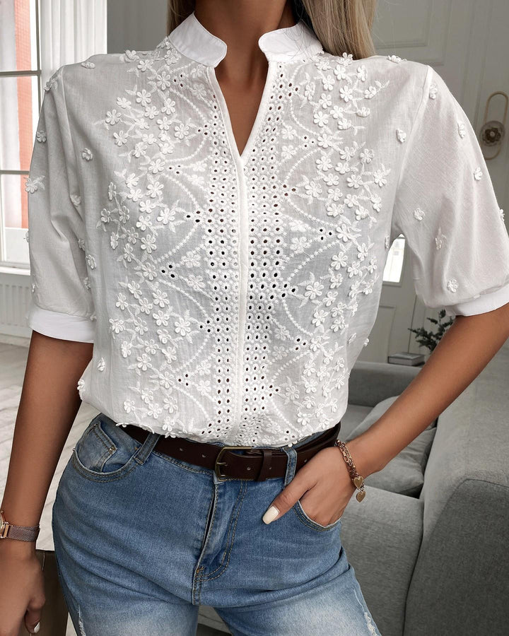 Women’s Short Sleeves Stand Collar Blouse with Floral Embroidery and Eyelet Detailing