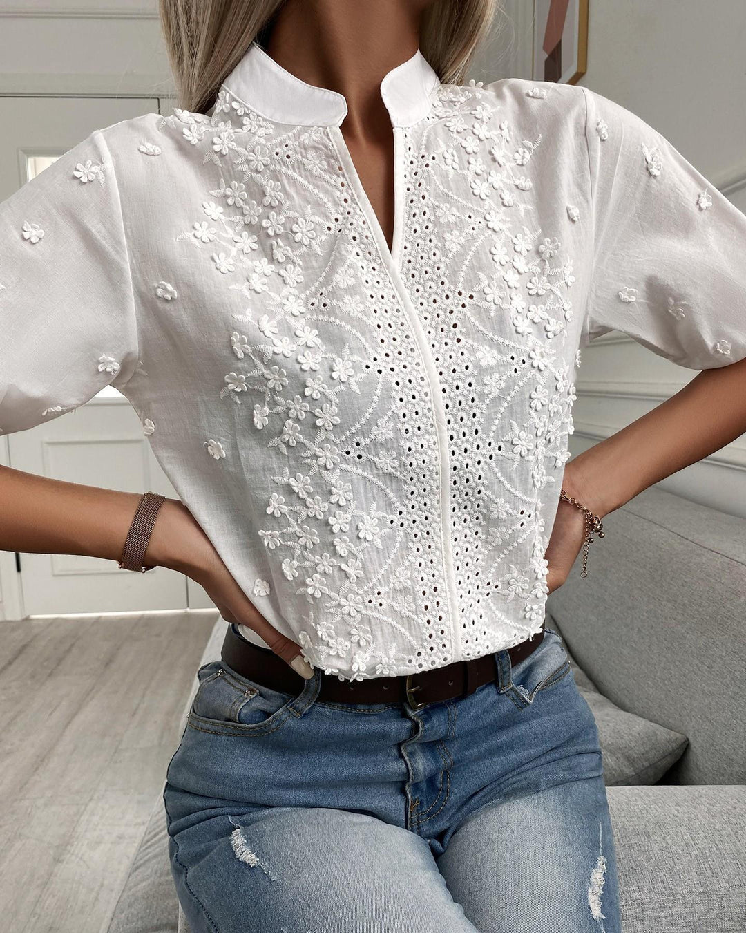 Women’s Short Sleeves Stand Collar Blouse with Floral Embroidery and Eyelet Detailing