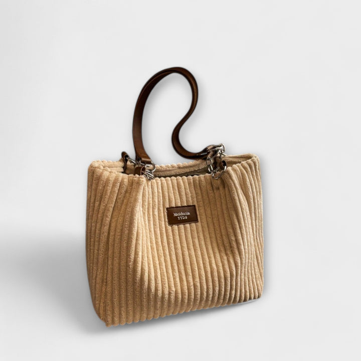 Women’s Shoulder Bag with Ribbed Pattern and Chain Strap