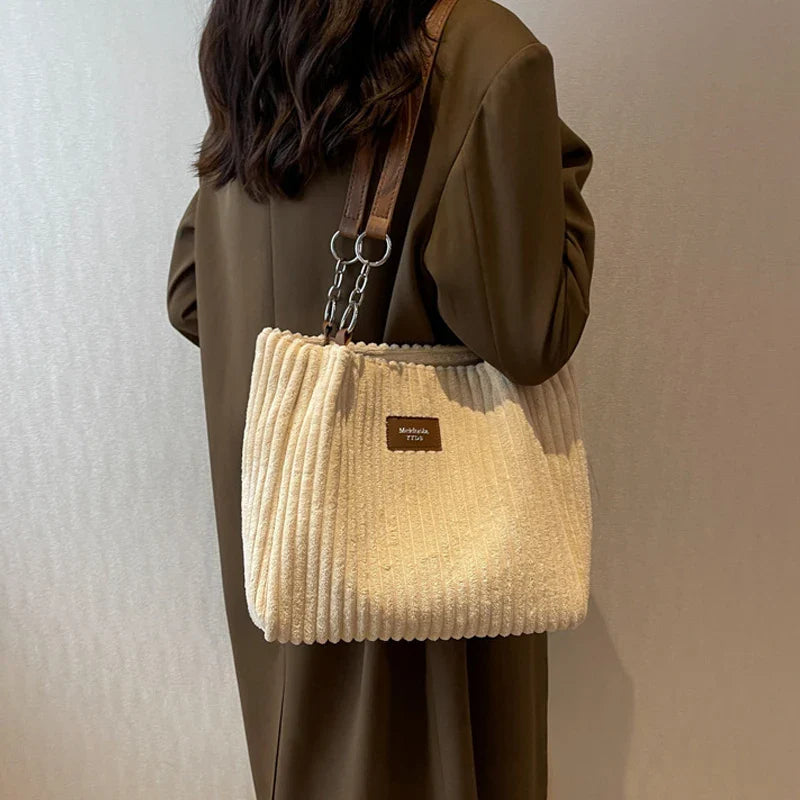 Women’s Shoulder Bag with Ribbed Pattern and Chain Strap