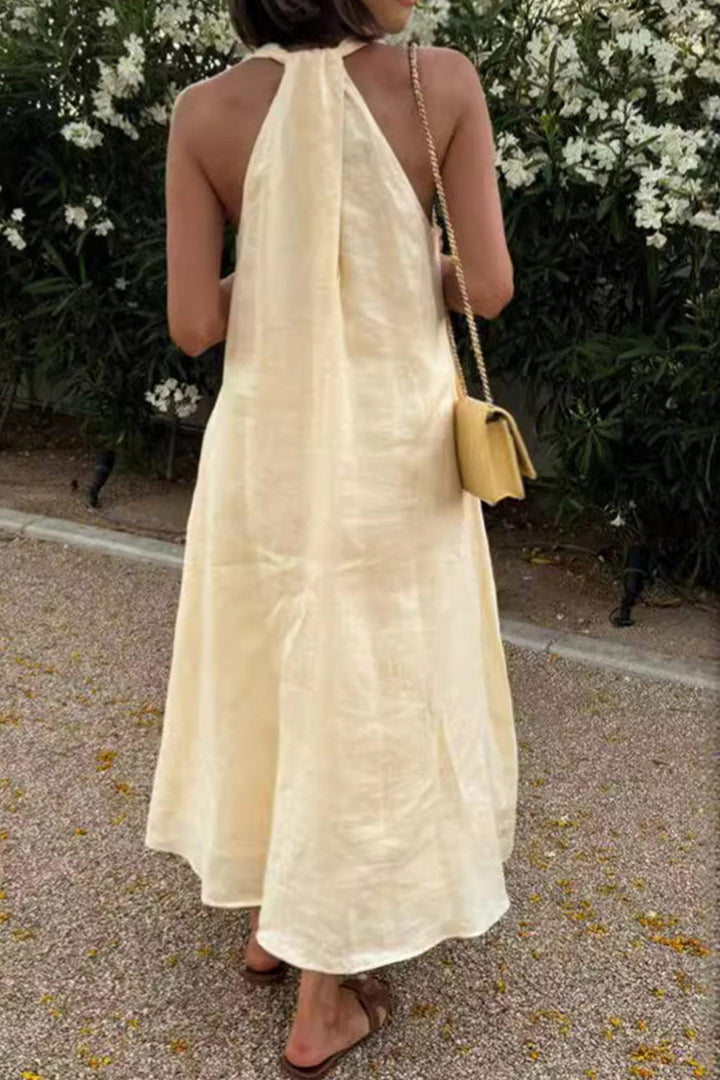 Women’s Sleeveless Halter Maxi Dress with V-Neck and Pockets