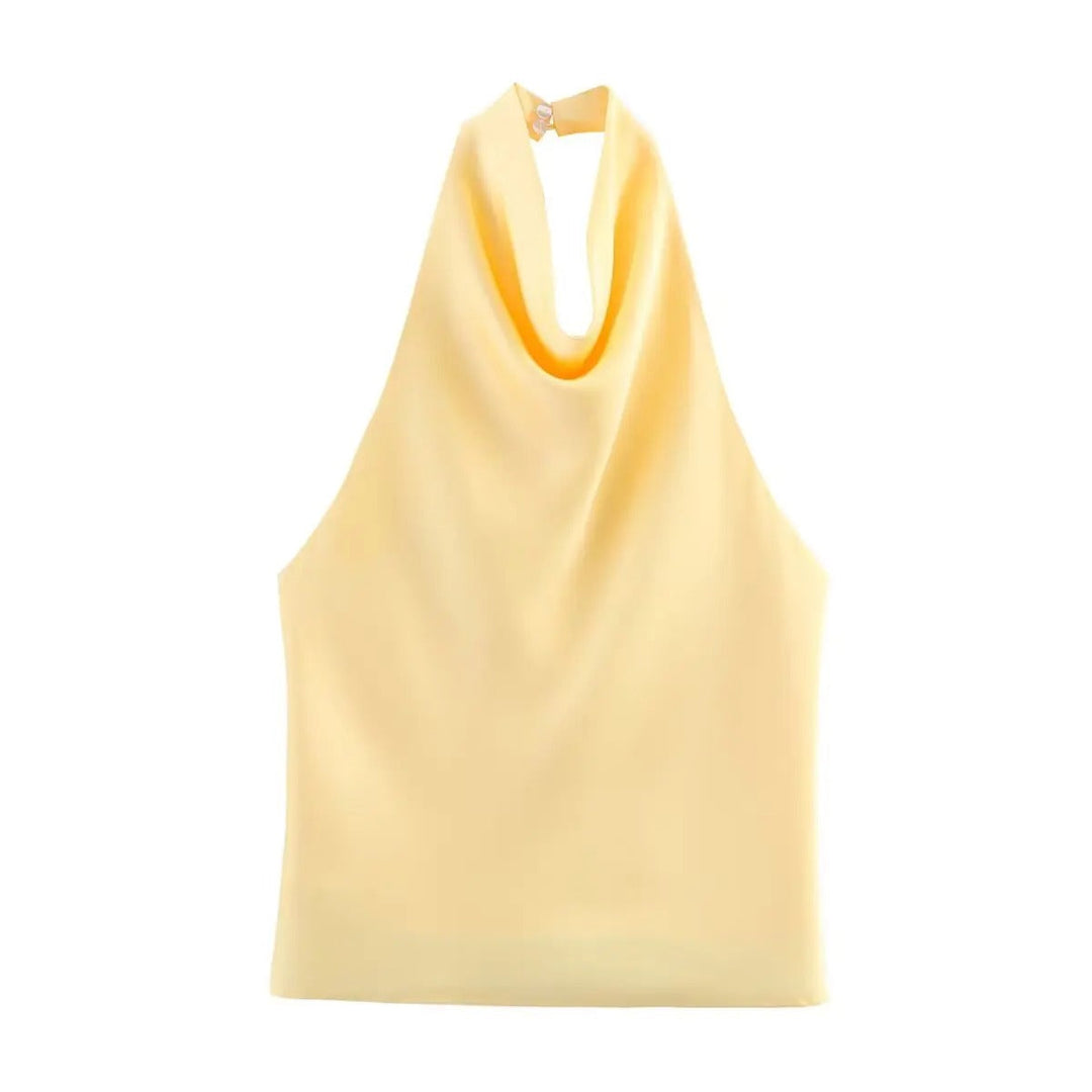 Women’s Sleeveless Halter Top with Cowl Neckline and Open Back