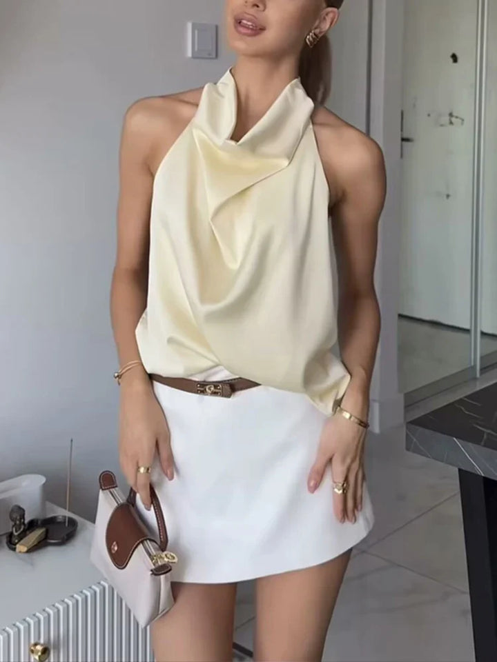 Women’s Sleeveless Halter Top with Cowl Neckline and Open Back