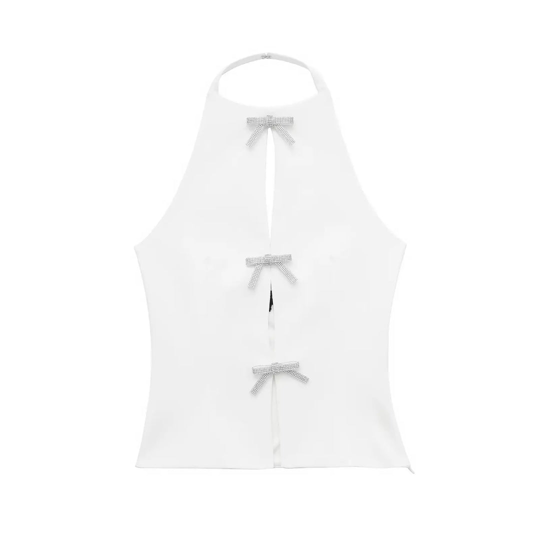 Women’s Sleeveless Halter Top with Front Cutouts and Bow Accents