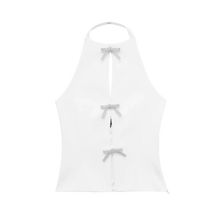 Women’s Sleeveless Halter Top with Front Cutouts and Bow Accents