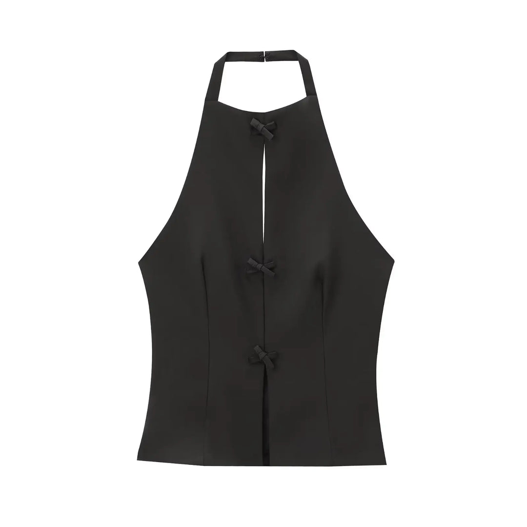 Women’s Sleeveless Halter Top with Front Cutouts and Bow Accents