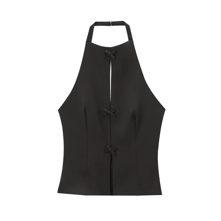 Women’s Sleeveless Halter Top with Front Cutouts and Bow Accents