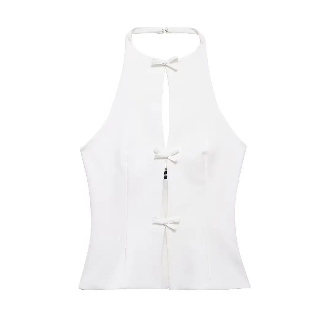 Women’s Sleeveless Halter Top with Front Cutouts and Bow Accents